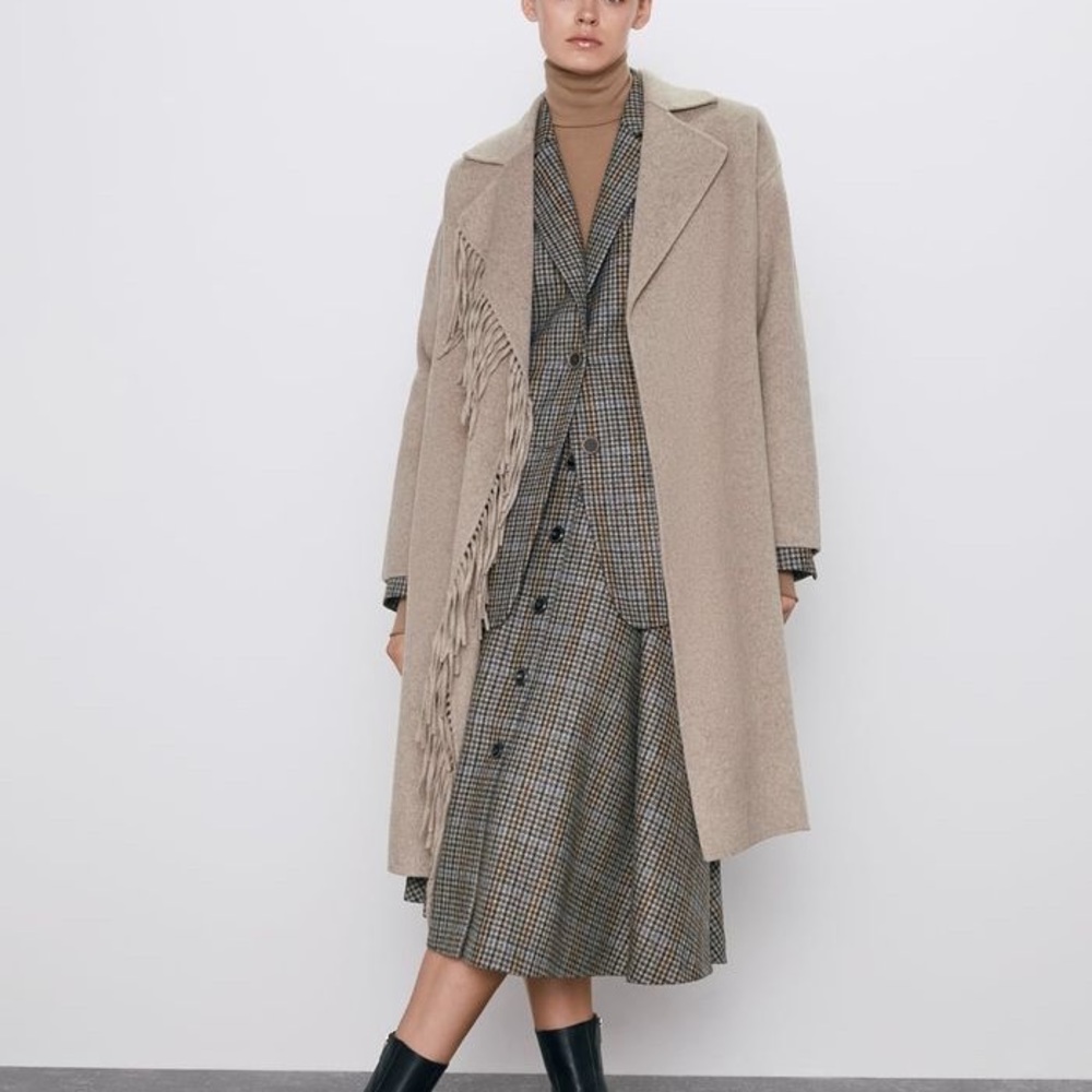 Zara Camel Belted Fringe Coat Sz S